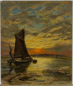 L. Colborne - Fine 1860 Oil, Sailing Boat in Sunset