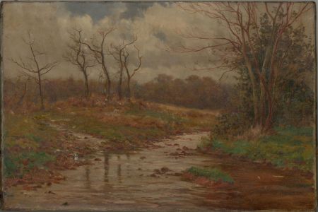 19th Century Oil - Wooded River Landscape in Winter