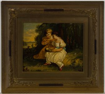 Framed 19th Century Oil - Two Children with a Birds Nest
