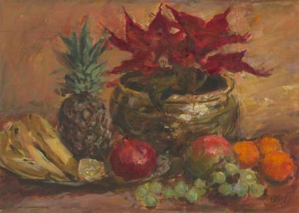Ronald Olley (b.1923) - 20th Century Oil, Still Life Fruit and Poinsettia