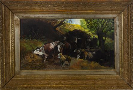 Framed Late 19th Century Oil - Ox-Drawn Cart with Farmers and Sheep