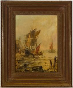 Framed Late 19th Century Oil - Moored Fishing Boats
