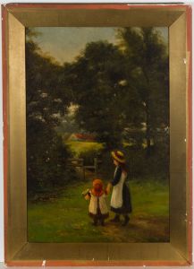 Late 19th Century Oil - Two Girls in a Summer Landscape