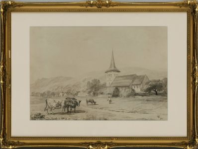 Y.G. - 1892 Watercolour, Country Church with Cattle