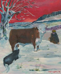 John Cherrington (1931-2015) - 1978 Oil, Farmer, Cow and Dog in the Snow