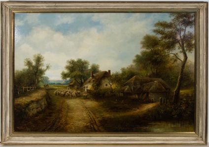 Hugh Church - Framed Late 19th Century Oil, Rural Thatched Cottage & Sheep