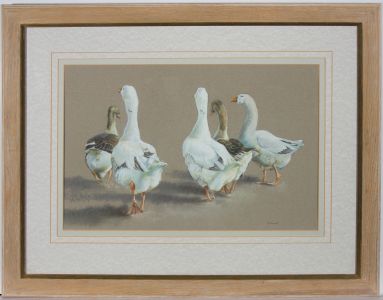 Kay Mullen SWA RMS SBA - Contemporary Chalk Drawing, Farmyard Geese