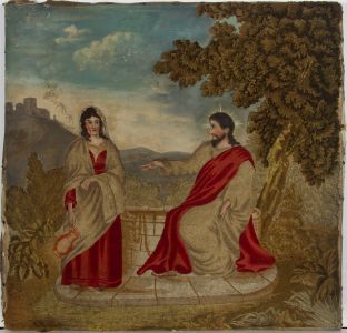 19th Century Oil with Embroidery - Christ with Mary Magdalene