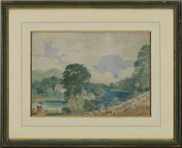 Framed Late 19th Century Watercolour - Riverside Stroll