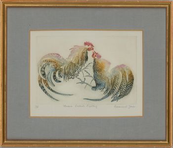 Rosamund Jones RE (b.1944) - Framed 20th Century Etching, Cockerels Fighting