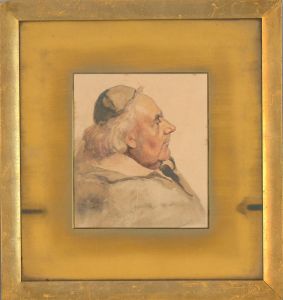 Framed 19th Century Watercolour - Profile of a Monk
