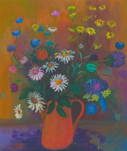 Edith Birkin (1927-2018) - 20th Century Acrylic, Flowers in an Orange Jug