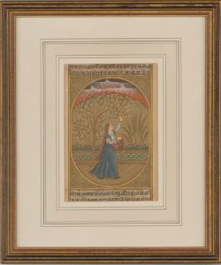 Indian Miniatures - Framed Late 19th Century Gouache, Gathering Blossom