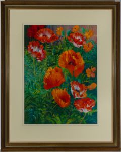 John Ivor Stewart PPPS (1936-2018) - Framed Pastel, Poppies and Orange Cosmos