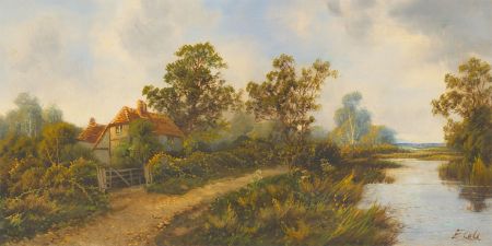 E. Cole - Signed 19th Century Oil, Cottage on the Stream