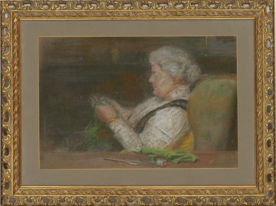 Framed Early 20th Century Pastel - Portrait of a Woman Mending