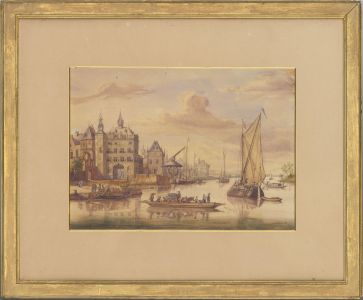 Framed Late 19th Century Watercolour - Continental Harbour Scene