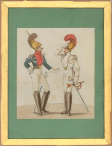Framed 19th Century Watercolour - French Military Figures