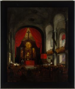 Fine Framed Early 19th Century Oil - Church Interior at Christmas