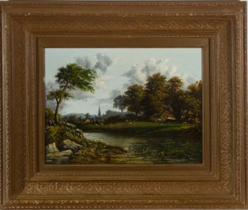 H.M. - Framed 1898 Oil, Riverside Farm
