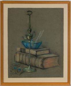 Framed Mid 20th Century Pastel - Still Life, Books & Peacock Feathers