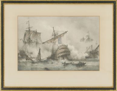 Framed Mid 20th Century Lithograph - Galleon in Battle