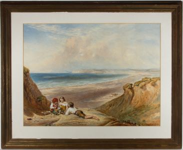 Framed 19th Century Watercolour - Children in the Sand Dunes