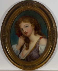 Framed 19th Century Oil - Portrait of a Woman with a Red Ribbon