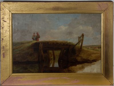 Mid 19th Century Oil - Two Figures over Wood Bridge
