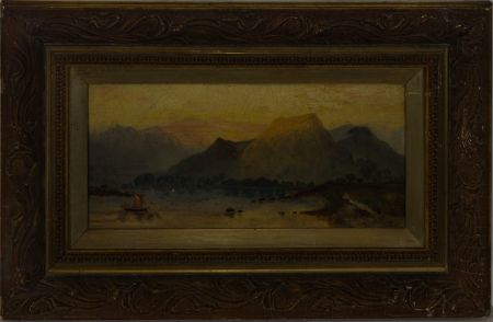 F. Pierce - Framed 1875 Oil, Mountain Landscape with Boat