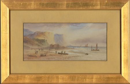 E. Lewis - 1899 Watercolour, Calm Coastal Scene with Figures
