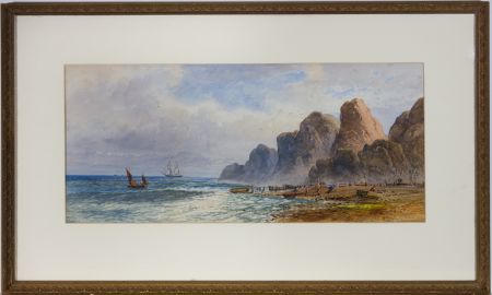 Lennard Lewis (1826-1913) - 1892 Watercolour, Coastal View with Boats and Cliffs