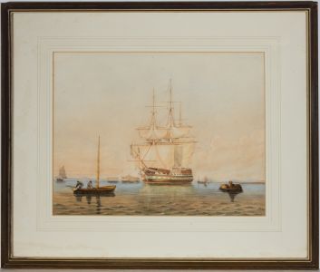 Framed Mid 19th Century Watercolour - Naval Sailing Ship at Anchor
