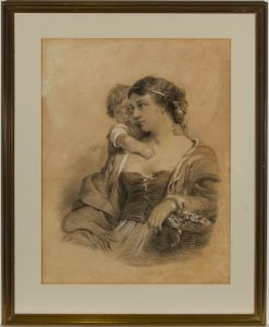 A. W. Down - Framed Late 19th Century Graphite Drawing, Mother and Son