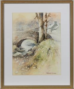 H. Royston Hudson - Framed 20th Century Watercolour, Village Scene with Bridge