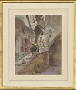 Fine 1886 Watercolour - Italian Street Scene