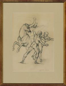 After Raphael - Framed Contemporary Charcoal Drawing, A Warrior Fighting