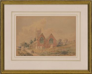 Framed Late 19th Century Watercolour - Village Church Scene with Figures