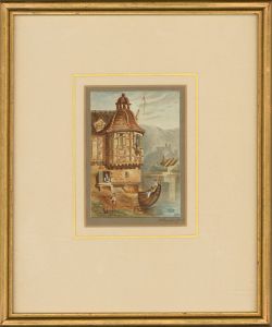 Framed Mid 19th Century Watercolour - European River Scene