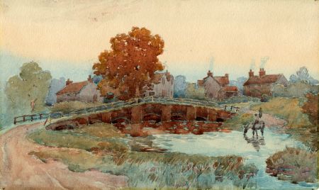 19th Century Watercolour of Village Scene by River - Inverglory, Inverness-shire