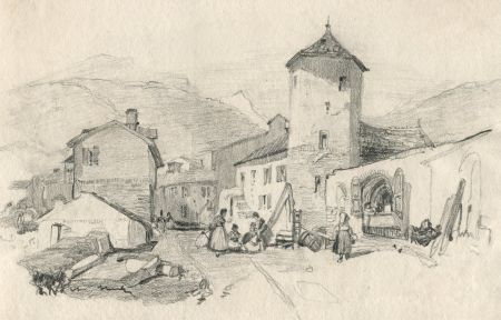 Good Mid 19th Century Graphite Drawing - Village Scene