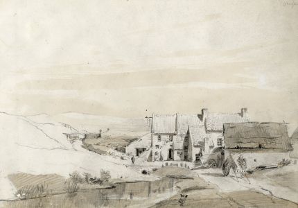 Mid 19th Century Graphite Drawing - Cottages Near a Stream