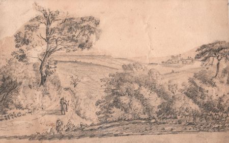 Fine 19th Century Graphite Drawing - Landscape with Figure Leading Donkey