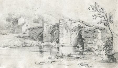 Excellent Mid 19th Century Graphite Drawing - Fishing Beneath a Stone Bridge