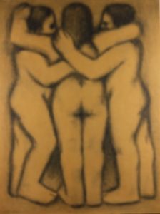 Gerald Coles - 1962 Charcoal Drawing, Three Standing Female Nudes