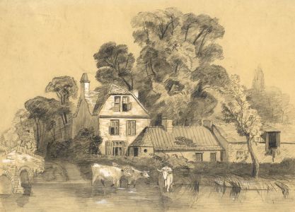19th Century Graphite Drawing - Cows in River by House