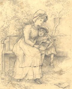 Fine Mid 19th Century Graphite Drawing - Mother Reading to Daughter