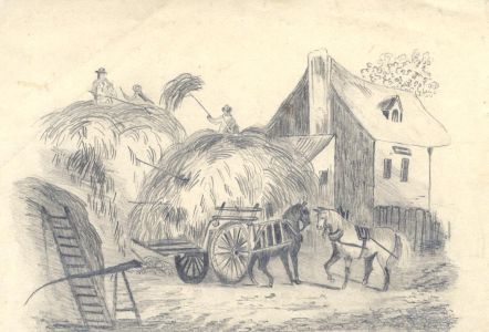 19th Century Graphite Drawing - A Haycart