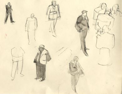 Frances Watt - 1961 Pen and Ink Drawing, On the Floor of the Stock Exchange