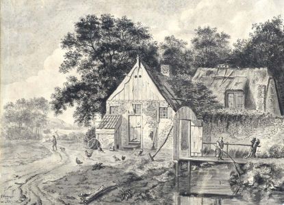 Jan Verbruggen - 1739 Watercolour, Farmyard Scene